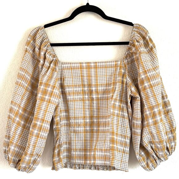 Maeve By Anthropologie Women’s Plaid Square Neck Blouse Top Puffed Sleeve - Picture 1 of 11